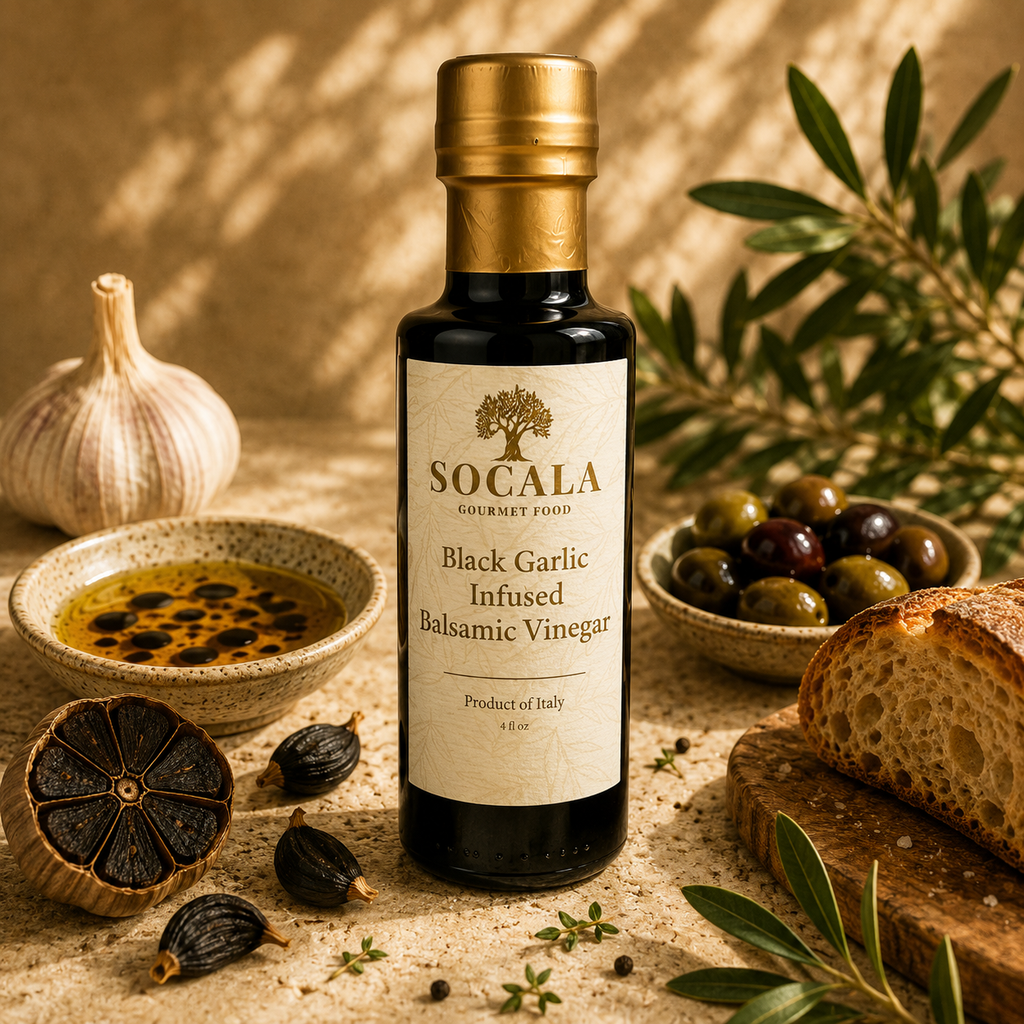 SOCALA Black Garlic Infused Balsamic Vinegar with black garlic and a dipping bowl.