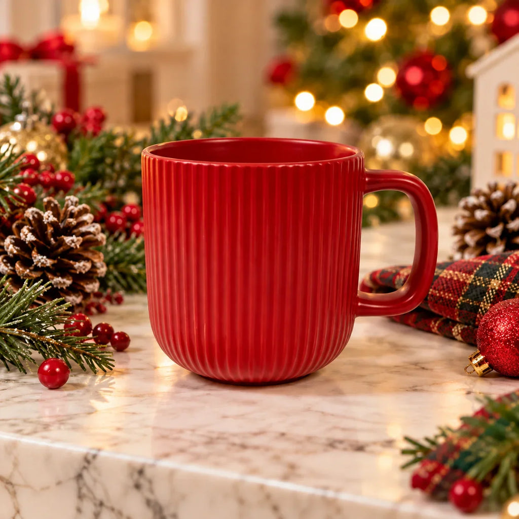 A red ribbed ceramic mug with a handle, set on a marble surface surrounded by Christmas decorations including pine branches, red berries, pinecones, and a plaid napkin, with a blurred Christmas tree in the background.