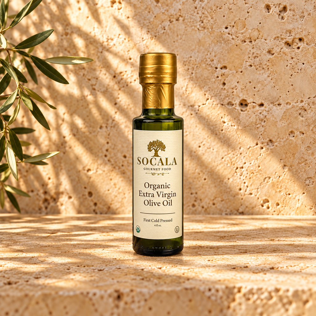 SOCALA Organic Extra Virgin Olive Oil bottle on sunlit travertine.