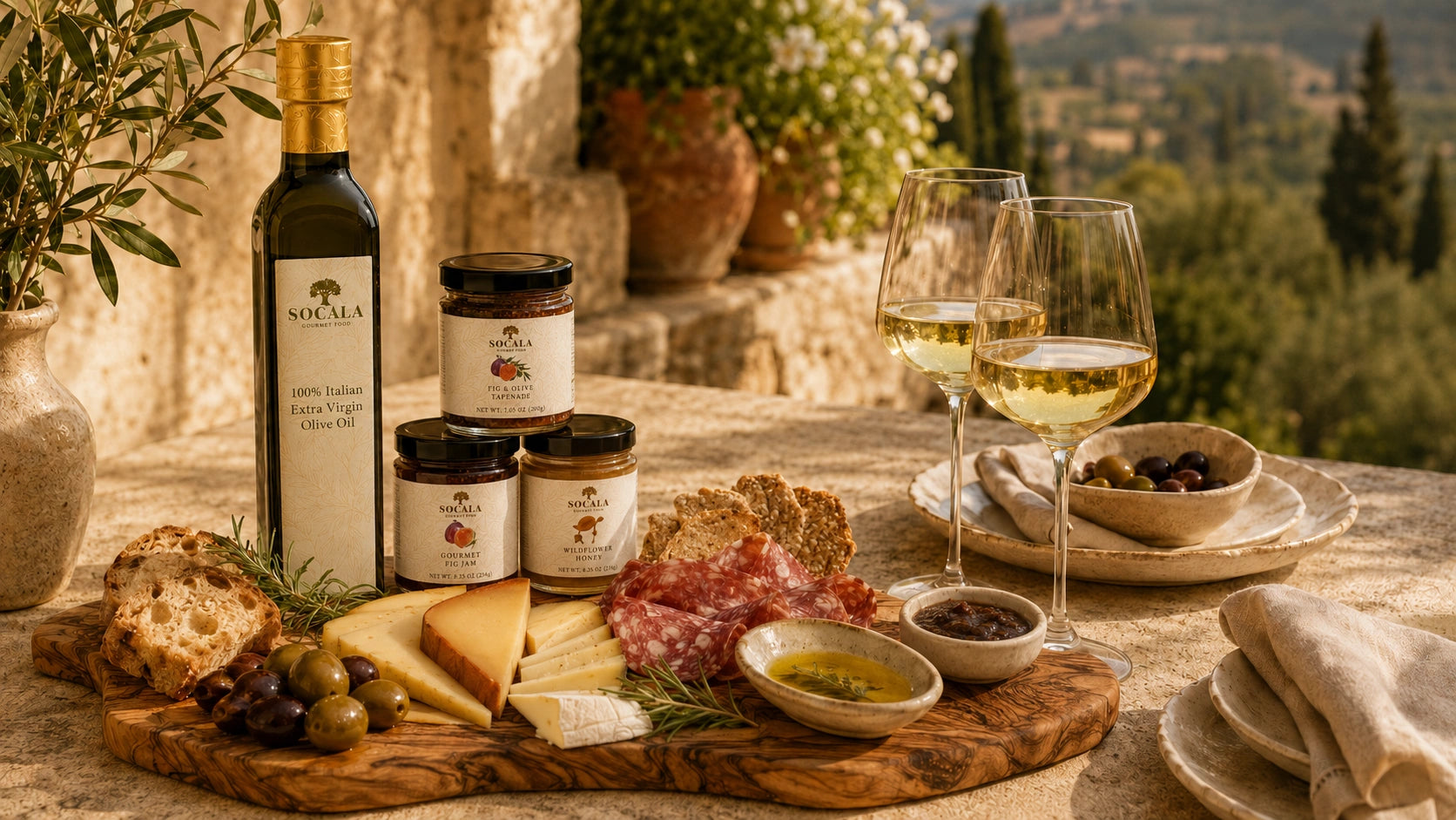 A styled charcuterie and cheese spread on a rustic stone table with a vineyard landscape in the background. Visible products include a bottle of olive oil, several jars of spreads, bread, cheese wedges, cured meat, olives, and two glasses of white wine.