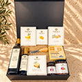 SOCALA Mediterranean gift box with Italian cheese, olive cheese spread, crackers, tapenade, onion jam, olive oil, balsamic, herbs and lemon sweets.