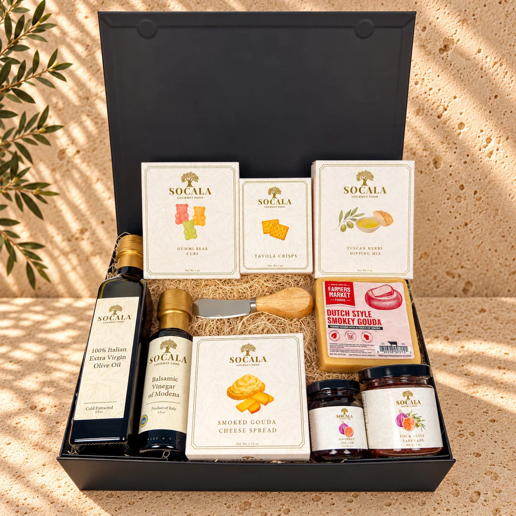 SOCALA gift box with smoked Gouda cheese, Gouda spread, fig jam, tapenade, crackers, Italian olive oil, balsamic, herbs and Gummi Bear Cubs.