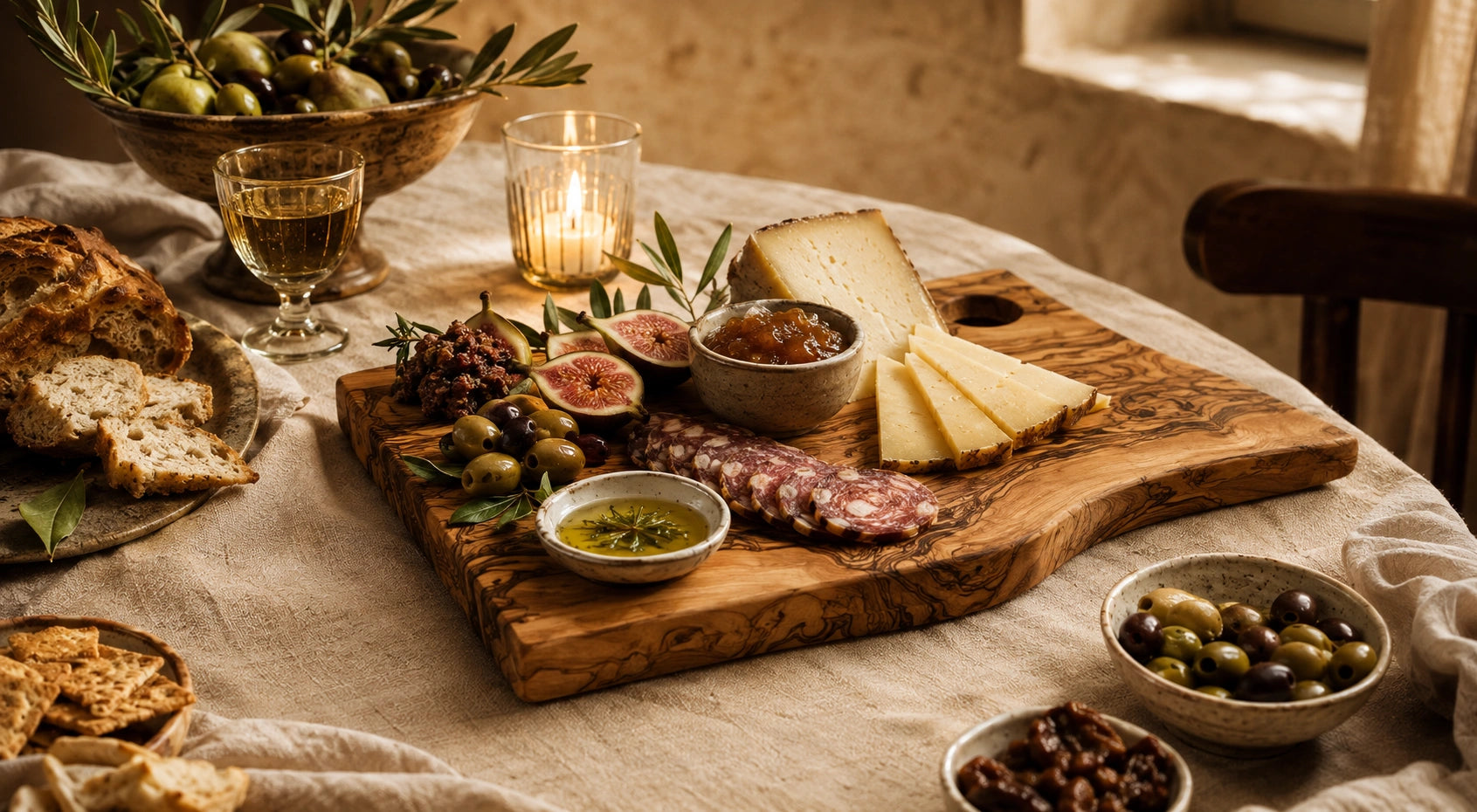 A rustic charcuterie board arranged on a table with sliced cheese, cured meat, olives, bread, dips, and candles in a warm indoor setting.