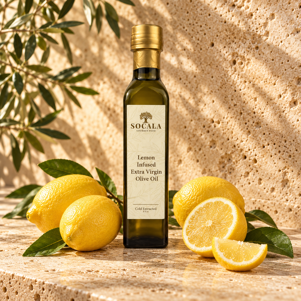 SOCALA Lemon Infused Extra Virgin Olive Oil bottle on travertine with fresh lemons.