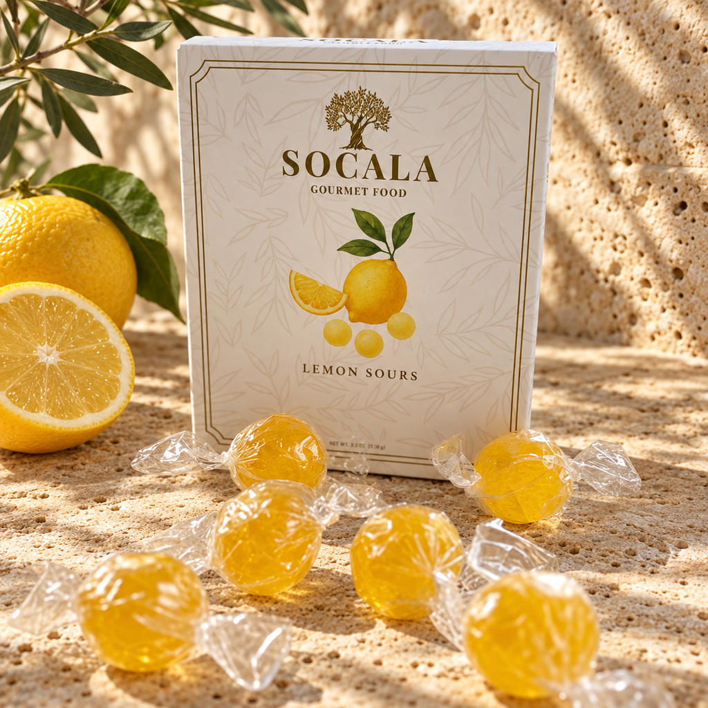 A box of Socala Gourmet Food Lemon Sours candy stands on a sunlit stone surface with several wrapped yellow candies in front and lemons around it. The package is cream-colored with lemon illustrations and the brand name Socala clearly visible.