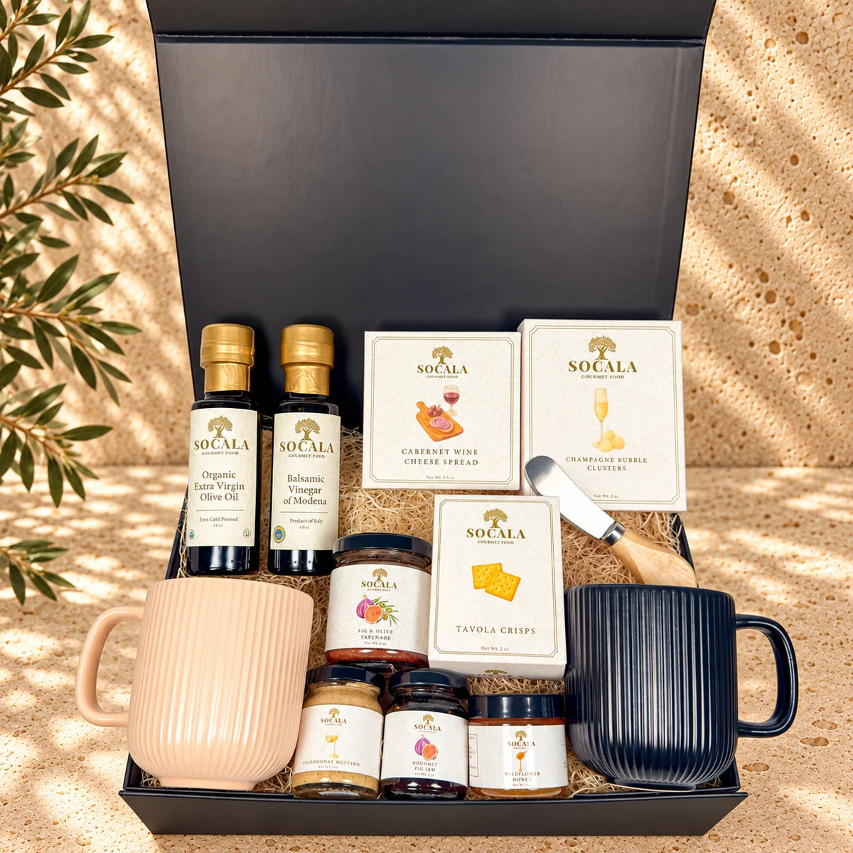 SOCALA gourmet gift box for two with olive oil, balsamic, Cabernet cheese spread, crackers, fig pairings, mustard, honey, sweets and two ribbed mugs.
