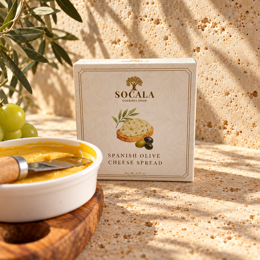 SOCALA Spanish Olive Cheese Spread packaging with a serving bowl and cheese spreader.