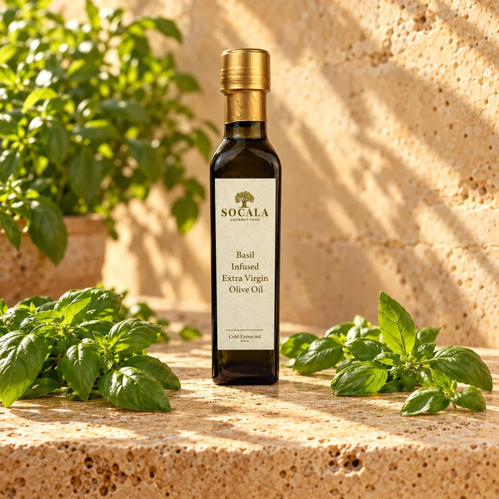 A bottle of Socala Basil Infused Extra Virgin Olive Oil stands on a stone surface with fresh basil leaves around it, set against a warm stone wall with natural sunlight and shadows.