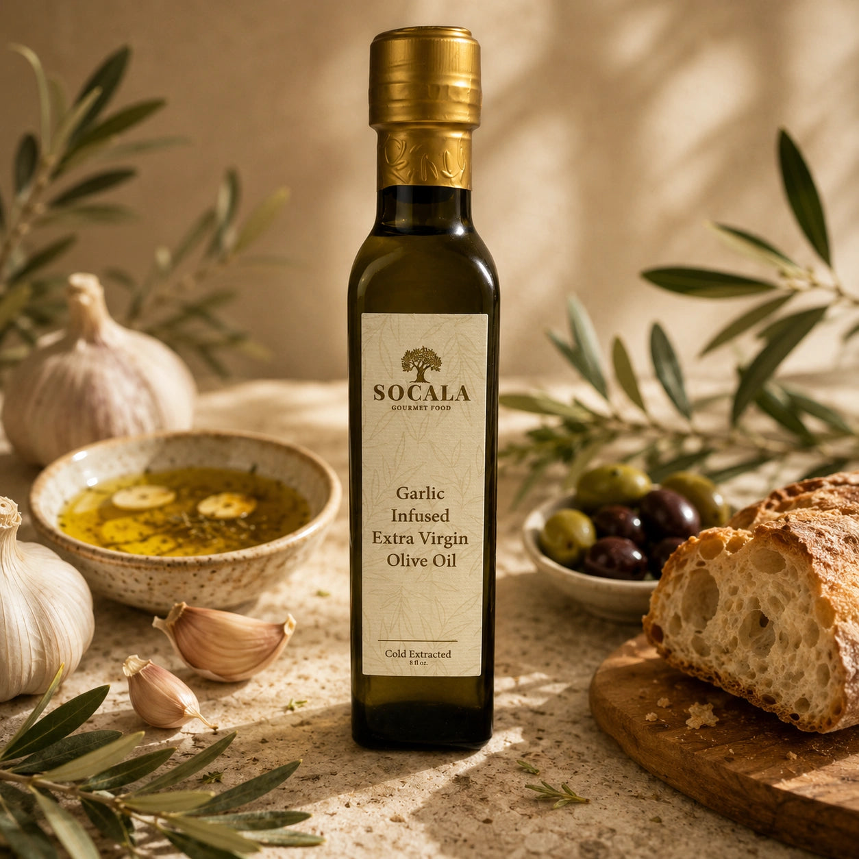 A bottle of SOCLA Garlic Infused Extra Virgin Olive Oil stands on a stone surface surrounded by garlic bulbs, olive branches, a bowl of oil, olives, and a slice of bread in warm natural light.