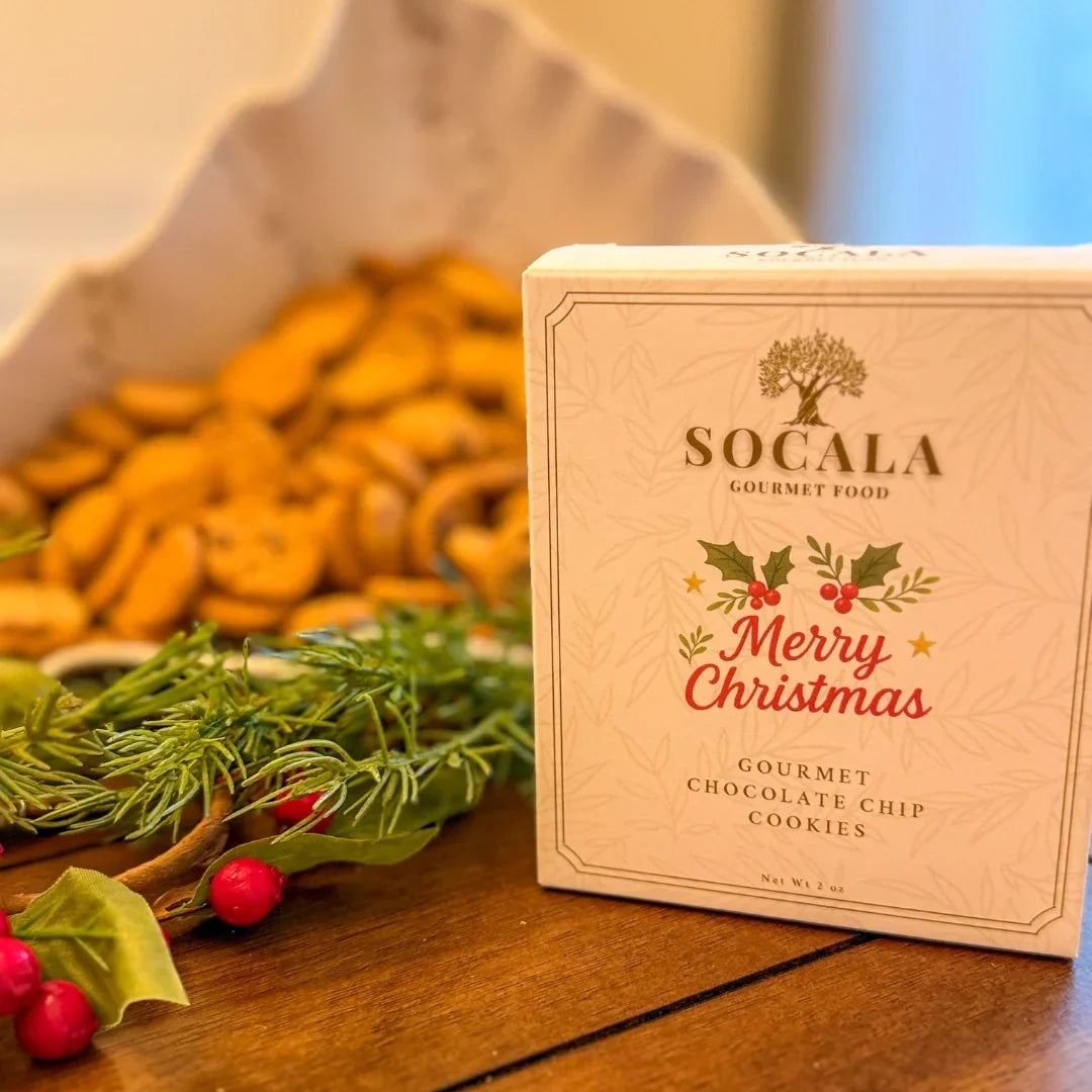 SOCALA Merry Christmas Gourmet Chocolate Chip Cookies box in a festive setting.