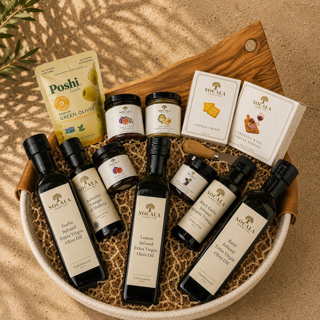 Collection of olive oil bottles and packaging on a wooden board with a natural background