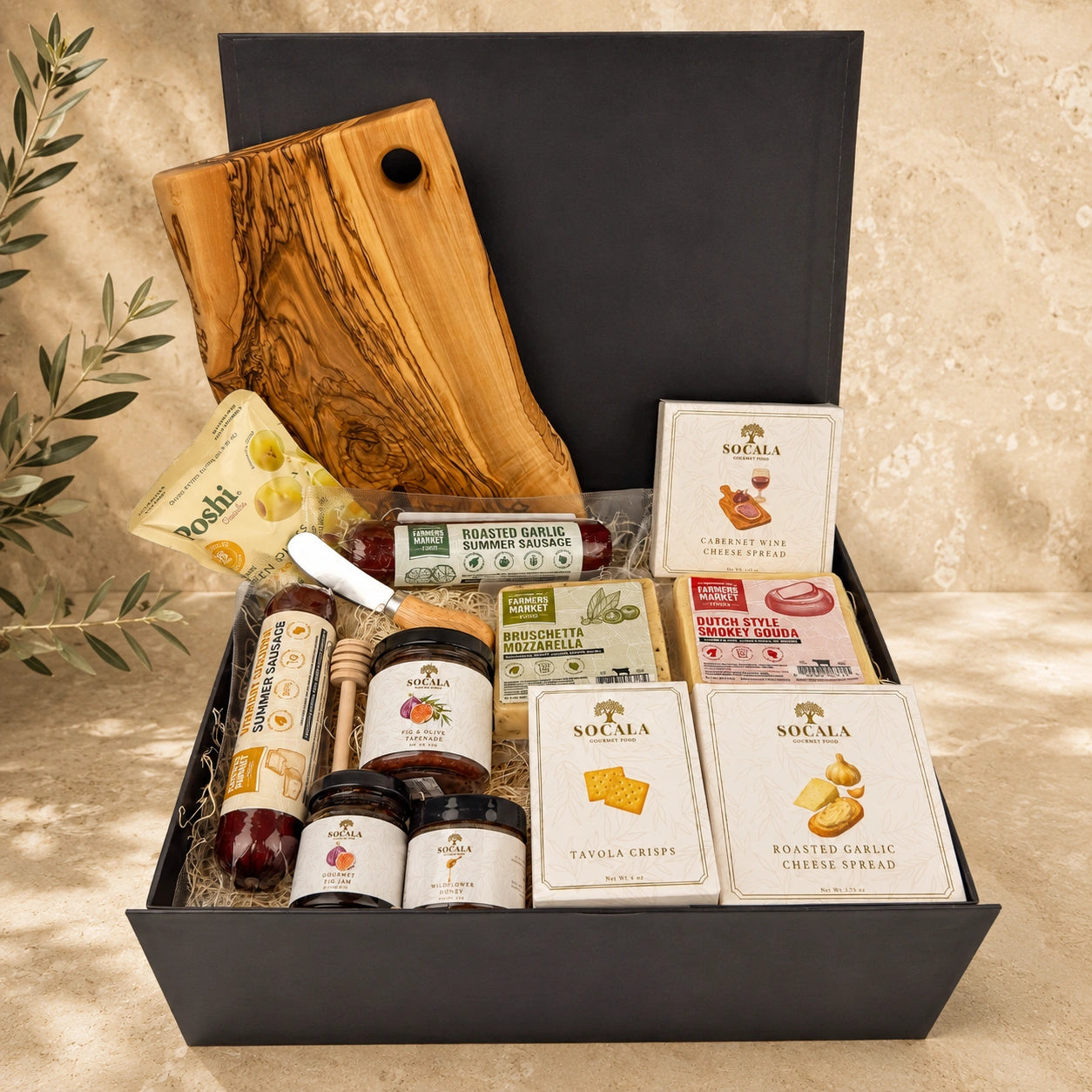 Olive Wood Charcuterie Gift Basket with Cheese & Salami