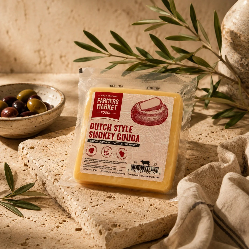 Farmers Market Foods Dutch-Style Smokey Gouda cheese package on a stone surface.