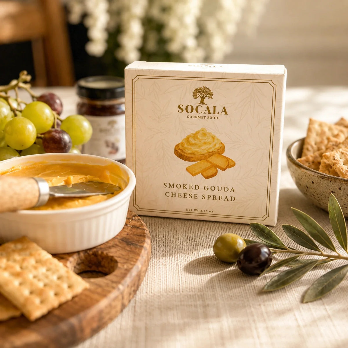 SOCALA Smoked Gouda Cheese Spread box with a serving bowl and crackers.