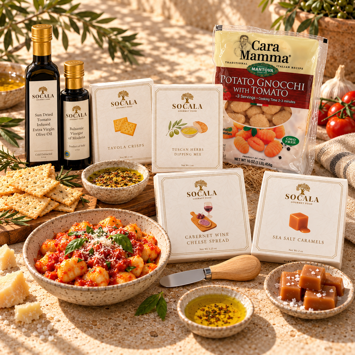 SOCALA Italian gourmet gifts with potato gnocchi, sun-dried tomato olive oil, balsamic, crackers and gourmet pairings on warm travertine