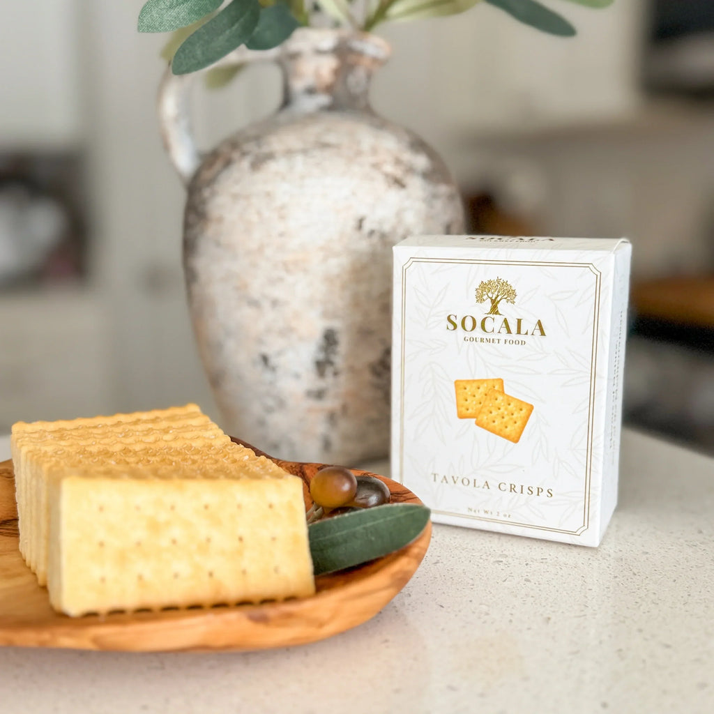 SOCALA Tavola Crisps box beside crackers and cheese.