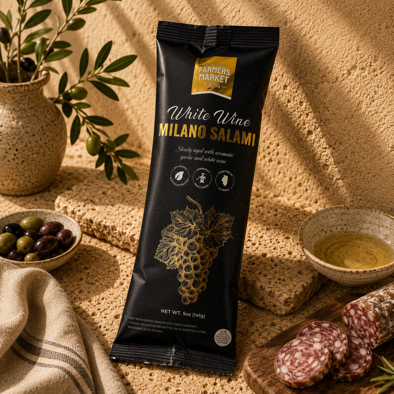 A package of Farmers Market White Wine Milano Salami stands upright on a rustic stone surface with bread, olives, a bowl of oil, and sliced salami around it. The package is black with gold and white text and a grape illustration.